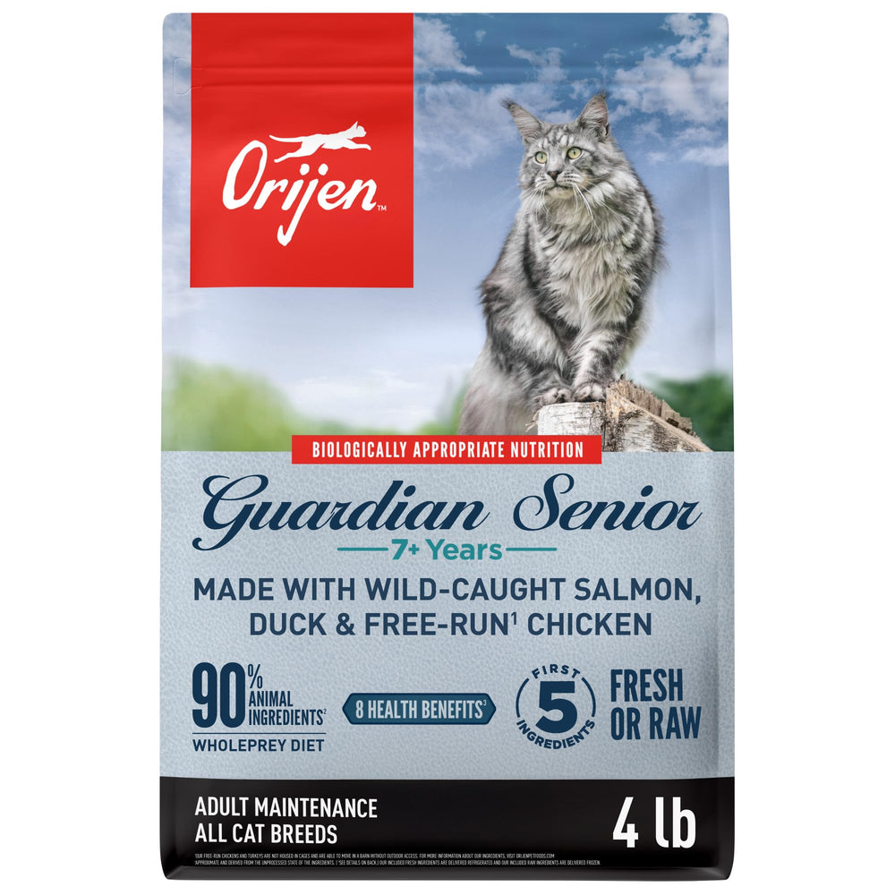 ORIJEN Guardian Senior dry cat food bag shows grain-free, high-protein formula for aging cats
