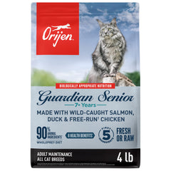 ORIJEN Guardian Senior dry cat food bag shows grain-free, high-protein formula for aging cats