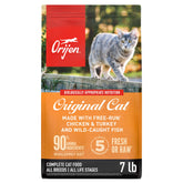 ORIJEN Original Cat Food 7lb bag highlighting premium ingredients for protein-rich nutrition
