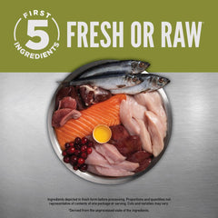 ORIJEN Senior first-five-ingredients image features chicken, turkey, salmon, herring, and liver.