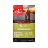 ORIJEN Senior grain-free dry dog food bag highlighting protein-rich formula for senior dogs.