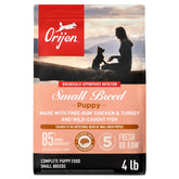 ORIJEN Small Breed Puppy dry food bag 4lb shows premium ingredients for growth.
