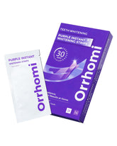 Orrhomi teeth whitening strips box front for at-home whitening.