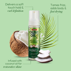 ORS Coconut Oil infusion adds smoothness and restorative shine during styling.