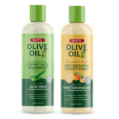 ORS Olive Oil Creamy Aloe Shampoo bottle shows gentle cleansing for all hair types.