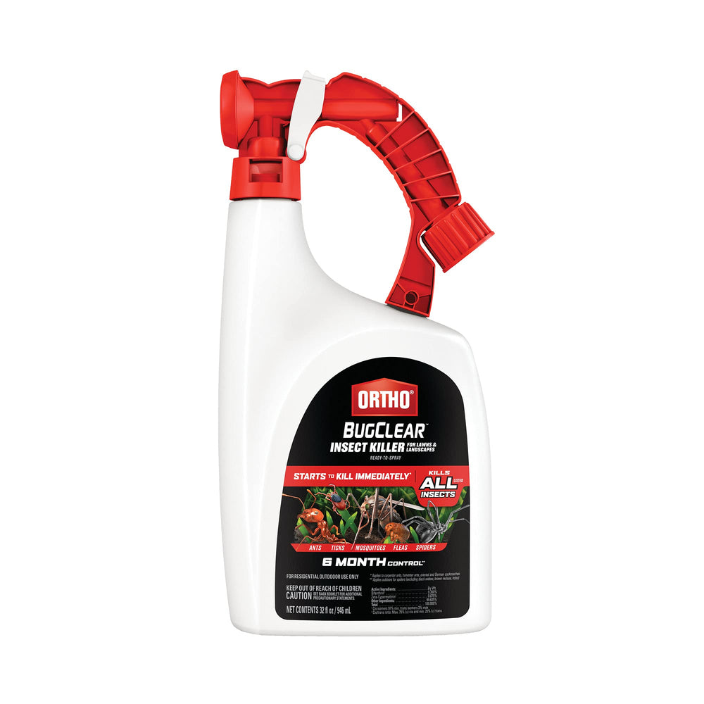 Ortho BugClear lawn spray bottle ready for hose-end use in a sunny yard.
