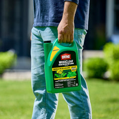 Ortho WeedClear concentrate bottle with label showing directions for lawn use