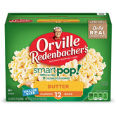 Orville Redenbacher's SmartPop! butter popcorn packaging in a 12-bag box for easy snacking