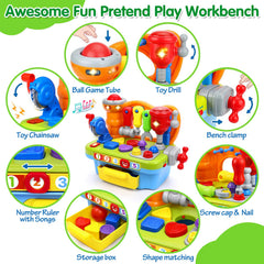 Orwine toy bench with drill and hammer engages little hands in motor tasks.