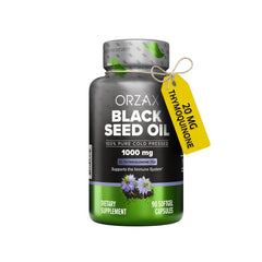 ORZAX black seed oil bottle showing organic cold pressed formula for daily wellness.