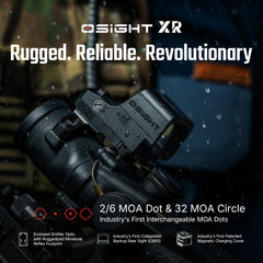 Osight XR close-up showing 2 MOA dot with 32 MOA circle for versatility.