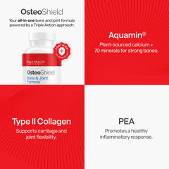 OsteoShield label detail highlighting Aquamin and collagen ingredients