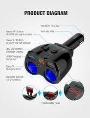 Otium car charger featuring independent switches to control each socket.