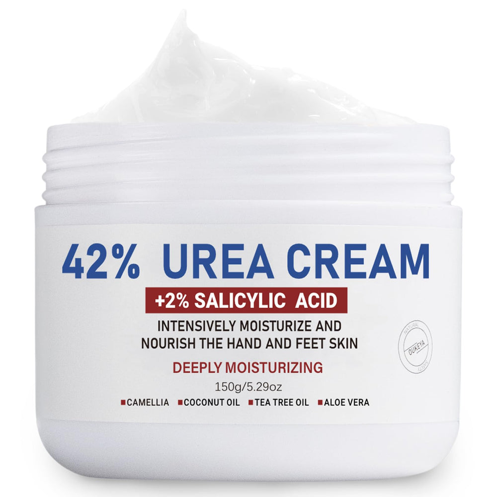OUKEYA Urea Cream bottle close-up highlighting 42% strength for deep hydration.