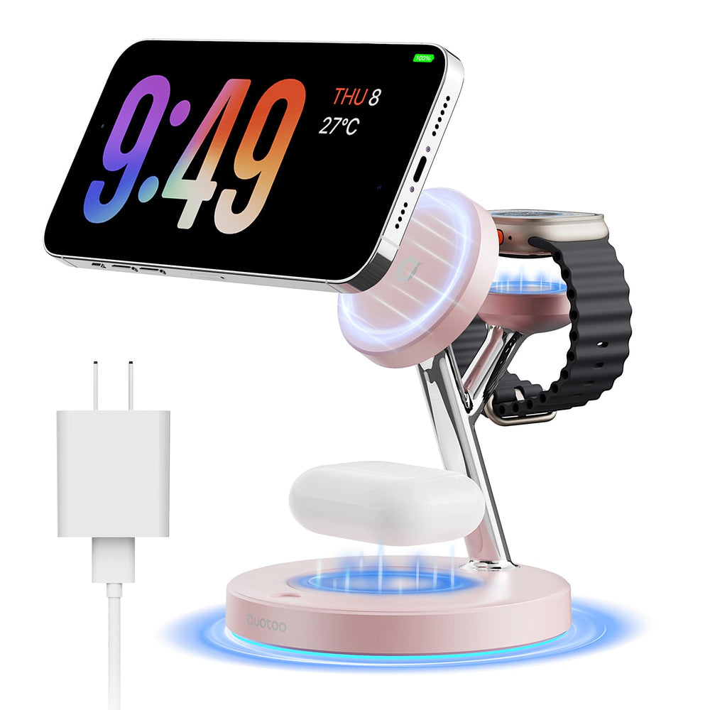 Ouotoo 3-in-1 MagSafe charging station on a tidy desk reduces cable clutter while powering multiple devices
