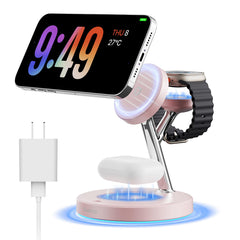 Ouotoo 3-in-1 MagSafe charging station on a tidy desk reduces cable clutter while powering multiple devices