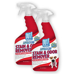 OUT! PetCare 32oz bottle on a clean surface showing multi-surface stain removal capability