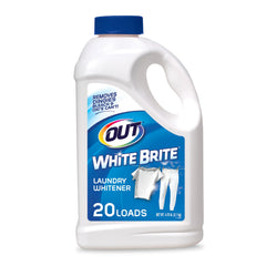 OUT White Brite bottle on a laundry shelf, promising brighter whites