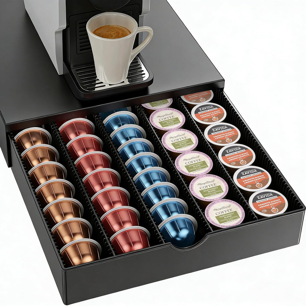 OUTIOE Pod Drawer under machine stores Vertuo pods neatly for easy access.