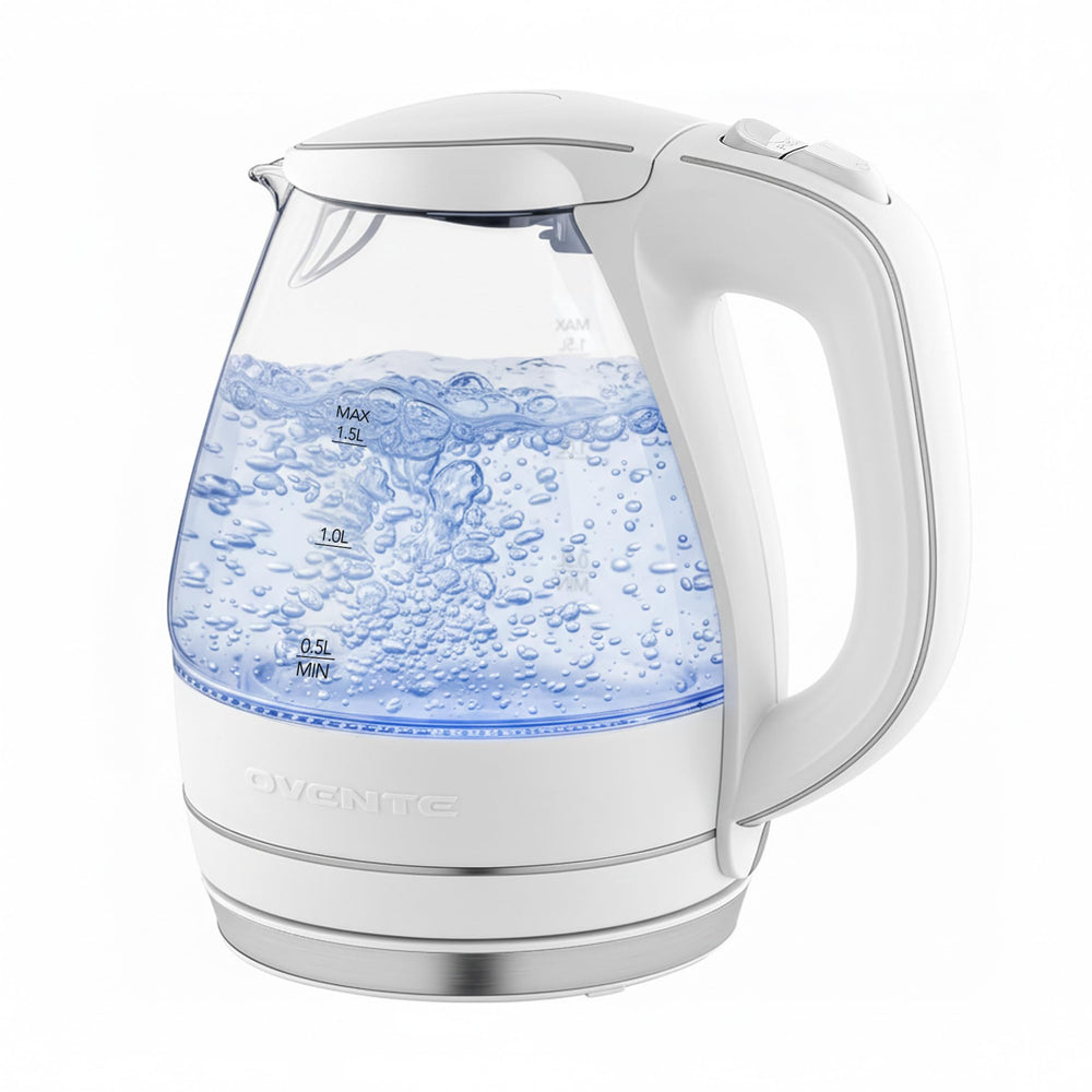 OVENTE KG83W glass kettle with blue LED halo for fast hot water.