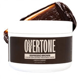 overtone Espresso Brown bottle pouring color onto hair for even deposit
