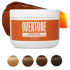 oVertone Ginger Glow color swatch on hair tips illustrating shade on light and dark bases.