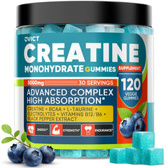 OVICT Creatine Gummies bottle highlighting purity and rapid absorption.
