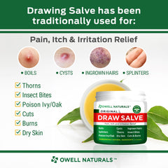 Owell Naturals Drawing Salve application shows a clear, smooth finish with gentle use for sensitive skin.