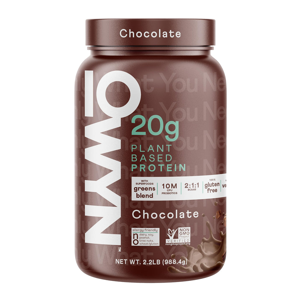 OWYN chocolate protein powder bag with scoop, dairy-free plant protein for daily energy.