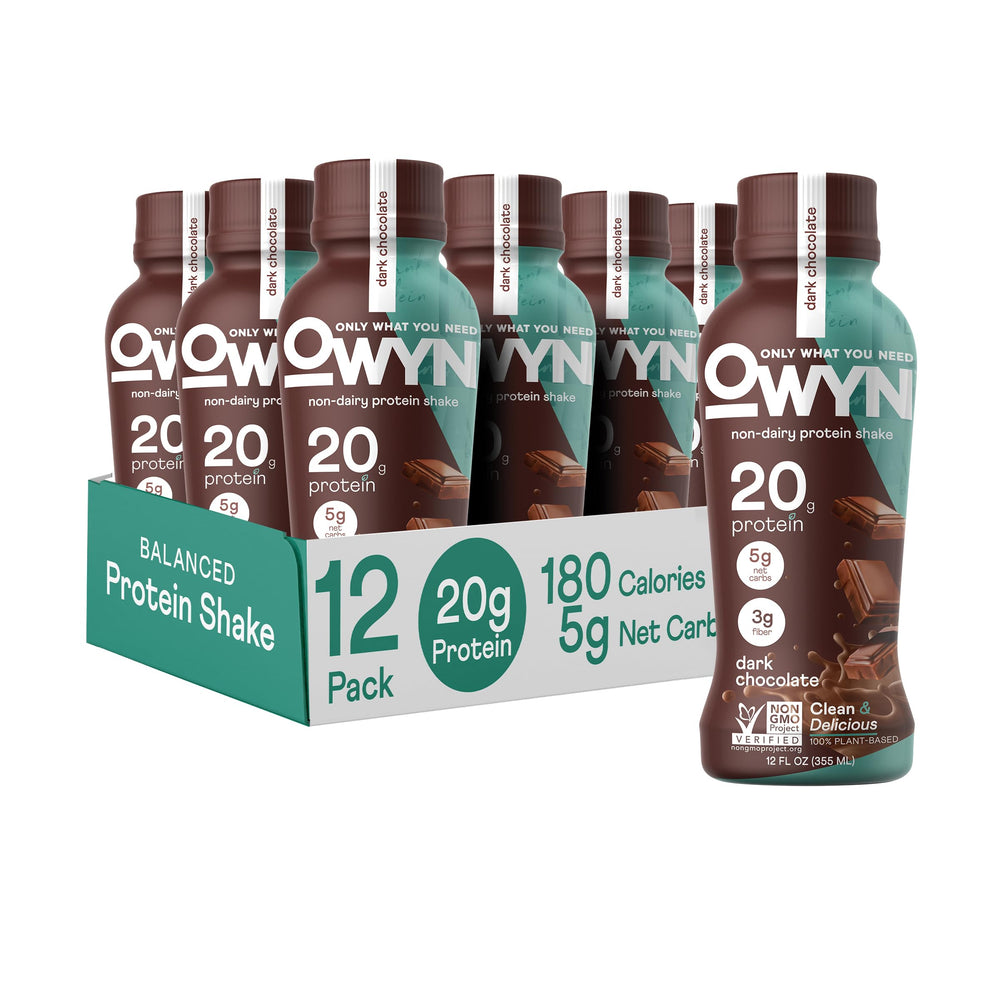 OWYN dark chocolate plant-based protein shake 12-pack front view for active lifestyles
