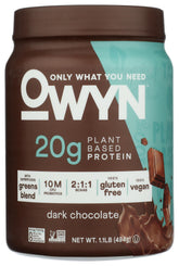OWYN dark chocolate protein powder container for daily dairy-free protein