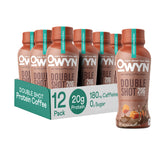 OWYN Double Shot Caramel Macchiato bottle highlights dairy-free protein for on-the-go energy.