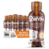 OWYN High Protein Shake chocolate bottle on fridge shelf for post-workout fueling.