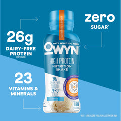 OWYN Vanilla shake label highlights 26g protein and zero sugar per serving.