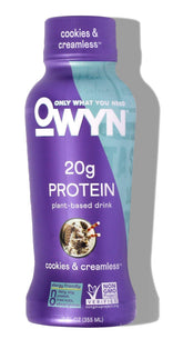 OWYN protein shake bottle front shows vegan formula for active lifestyles.