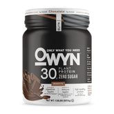 OWYN Pro Elite protein powder canister provides 30g vegan protein per serving for daily goals.
