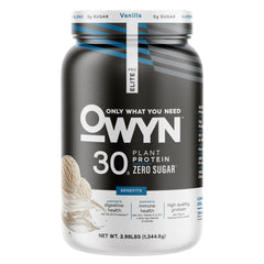 OWYN Pro Elite Vanilla protein powder bottle showing plant-based nutrition for active days