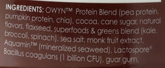 OWYN powder ingredients with peas, pumpkin seeds, and chia for complete amino acids