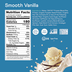 OWYN Smooth Vanilla nutrition panel notes low sugar and gluten-free, dairy-free benefits