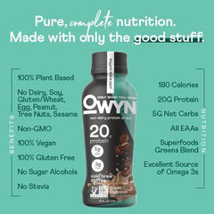 OWYN vegan protein scoop and label highlighting 20g protein per serving.