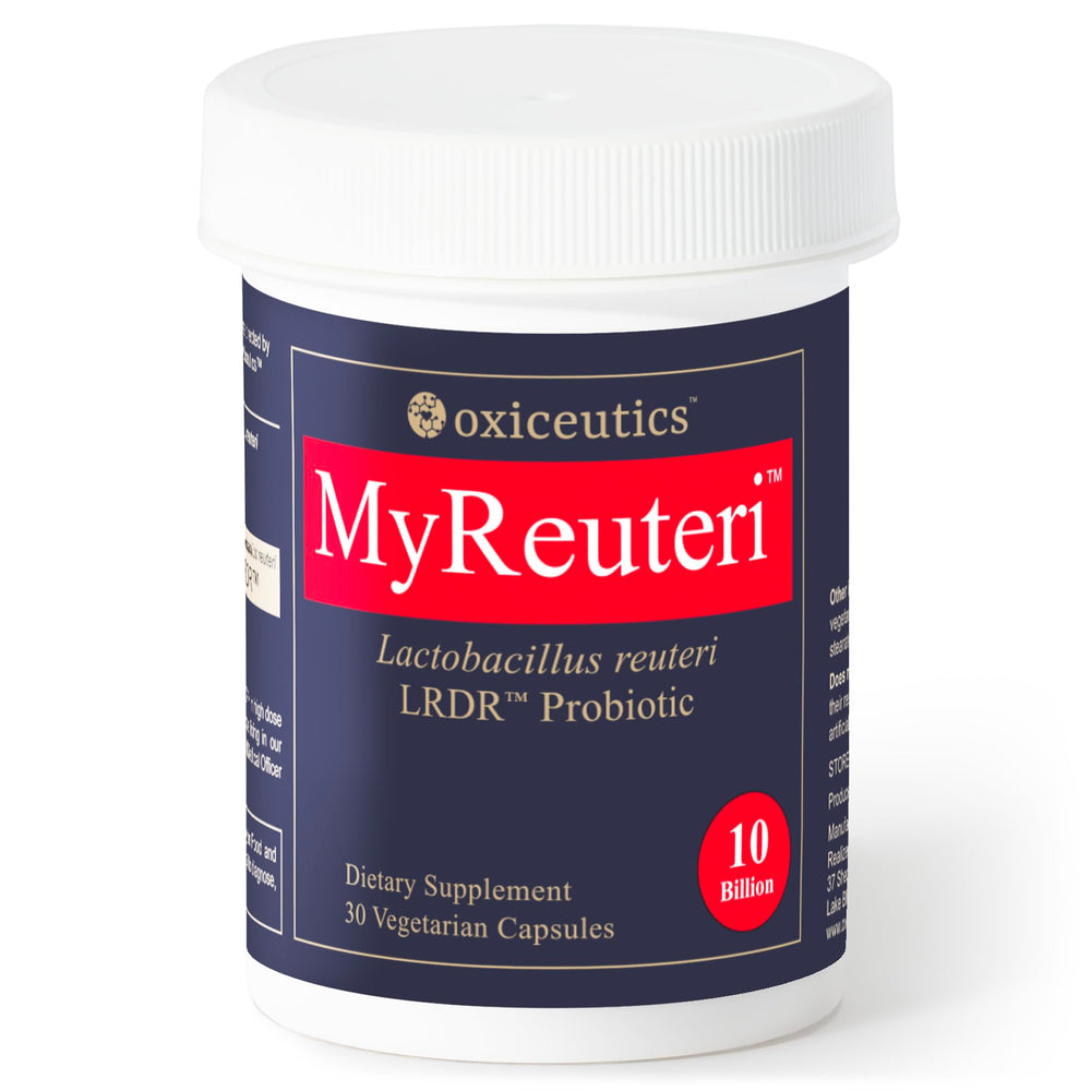 oxiceutics MyReuteri 10B bottle with LRDR capsules for daily gut balance.
