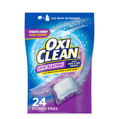 OxiClean Odor Blasters Paks package demonstrating strong stain and odor removal for laundry.