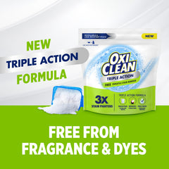 OxiClean Triple Action Free Stain Remover pouch shows ship-friendly packaging.