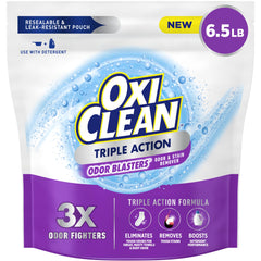 OxiClean Triple Action Odor Blasters pouch shown for odor removal and stain boosting