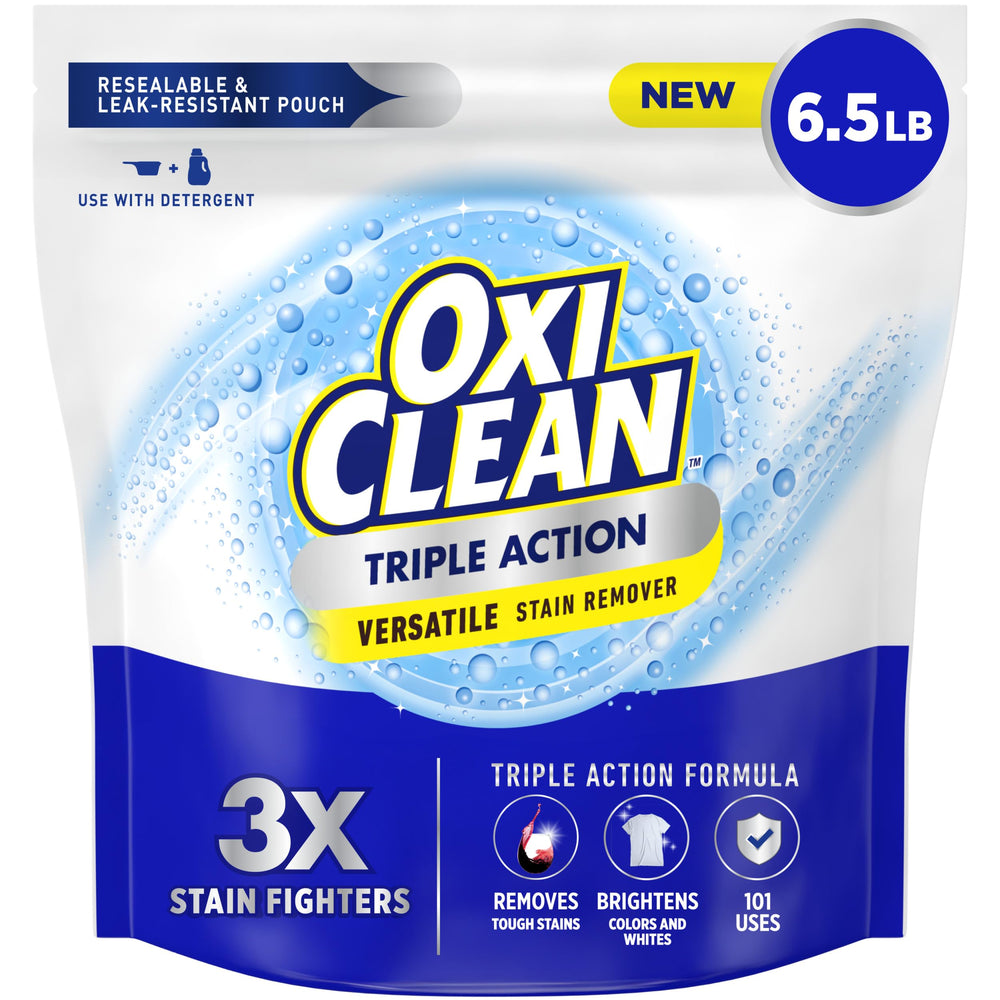 OxiClean Triple Action powder in a resealable pouch removes stains and brightens colors.