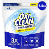 OxiClean Triple Action powder in a resealable pouch removes stains and brightens colors.