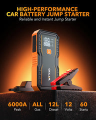 OXILAM Jump Starter 6000A LED display shows battery status at a glance