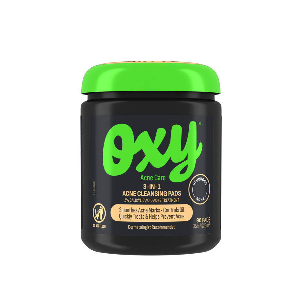 Oxy 3-In-1 pads textured side exfoliate to unclog pores and refresh skin.