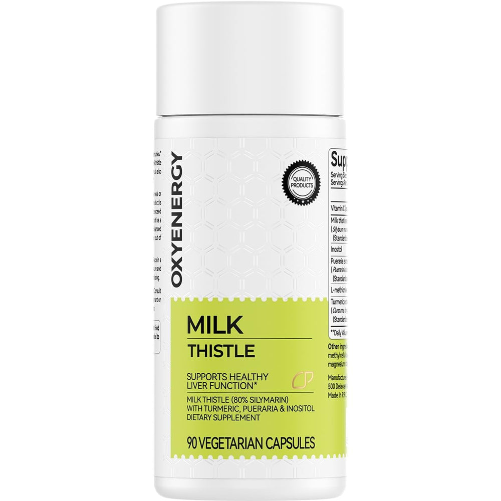 OxyEnergy milk thistle bottle showing 300 mg extract for potential liver support