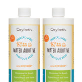 Oxyfresh premium pet dental water additive bottle being poured for easy daily care.